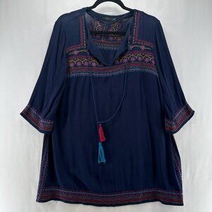 THML Gypsy Love Embroidered Shift Mini Dress Womens L Embroidered Boho Navy Blue